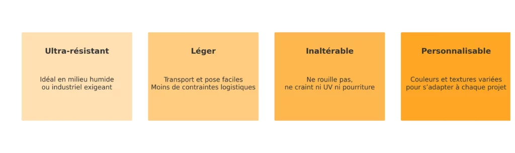 schema avantages caillebotis polyester composite